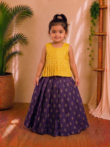 (ETTS043) Royal Yellow & Deep Purple Traditional Jacquard Pattu Pavadai Set