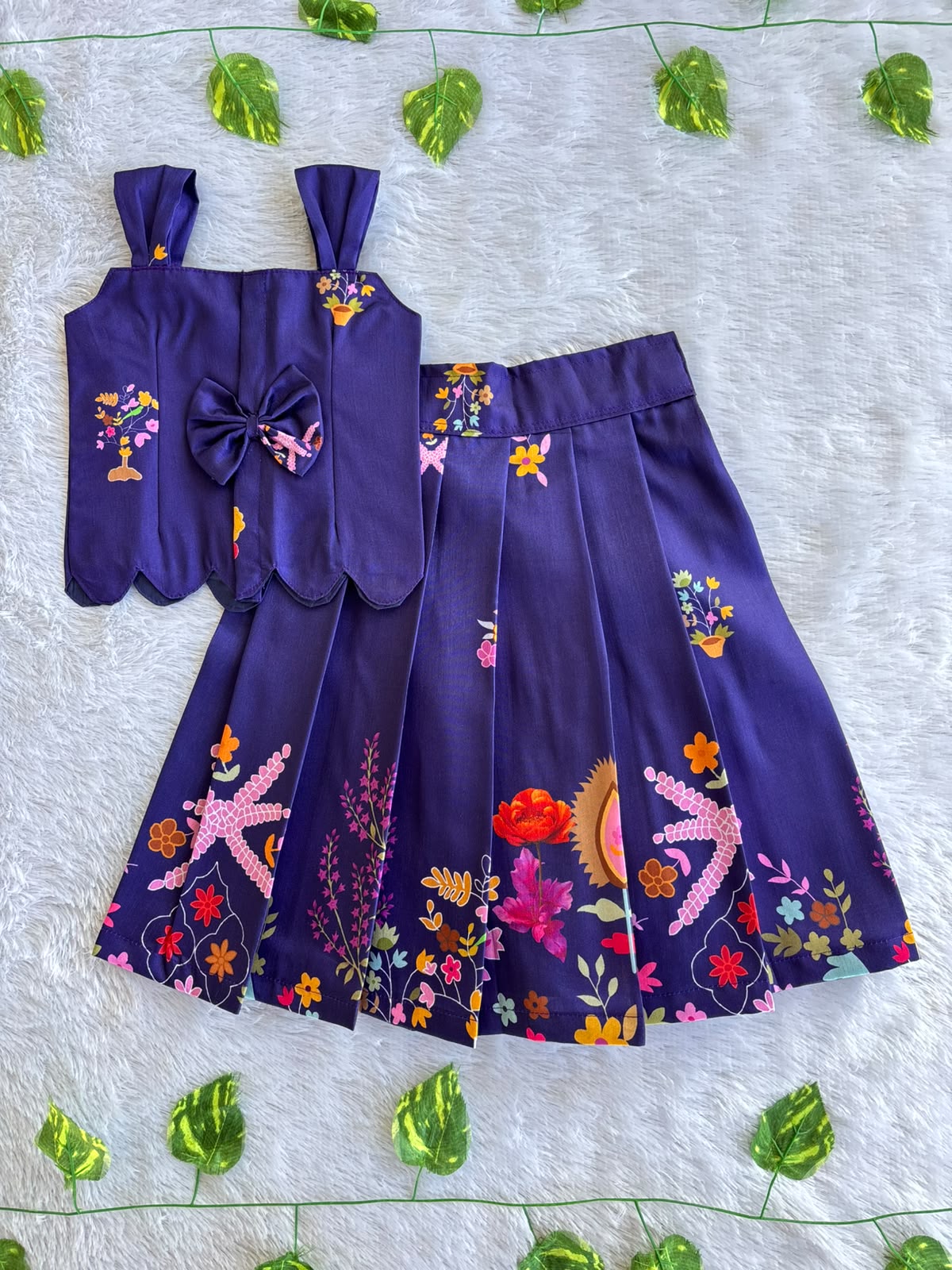 (ETTS044) Enchanting Botanical Print Scalloped Hem Crop Top and Long Skirt Set