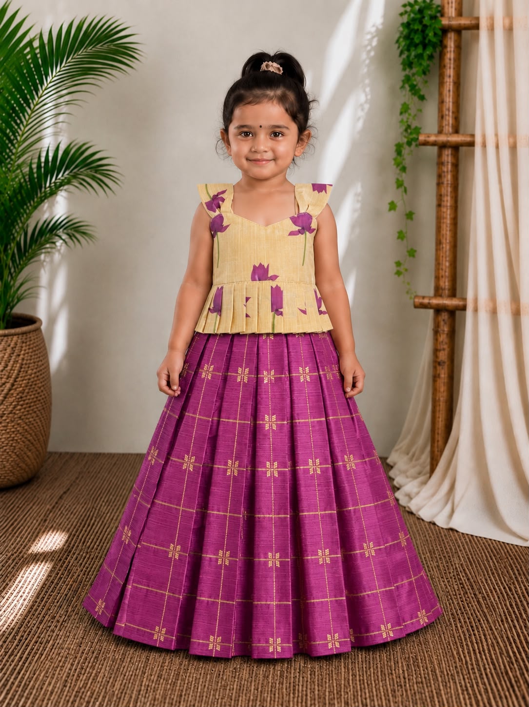 (ETTS045) Elegant Purple Checkered Skirt with Floral Print Peplum Top Set
