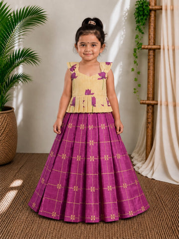 (ETTS045) Elegant Purple Checkered Skirt with Floral Print Peplum Top Set