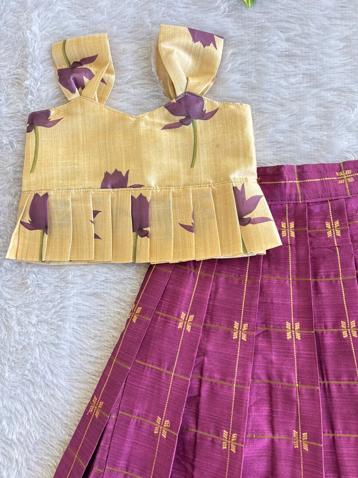 (ETTS045) Elegant Purple Checkered Skirt with Floral Print Peplum Top Set