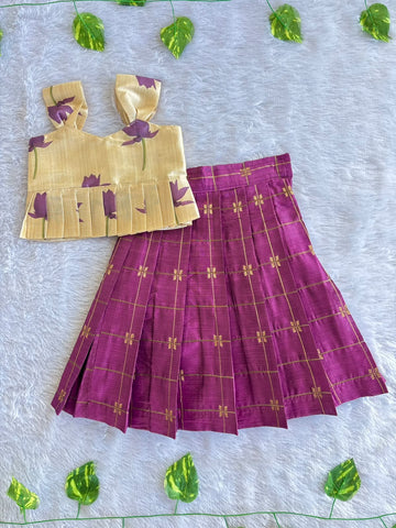 (ETTS045) Elegant Purple Checkered Skirt with Floral Print Peplum Top Set