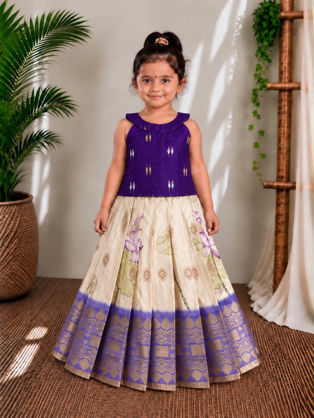 (ETTS046) Royal Purple and Off-White Floral Ethnic Skirt Set