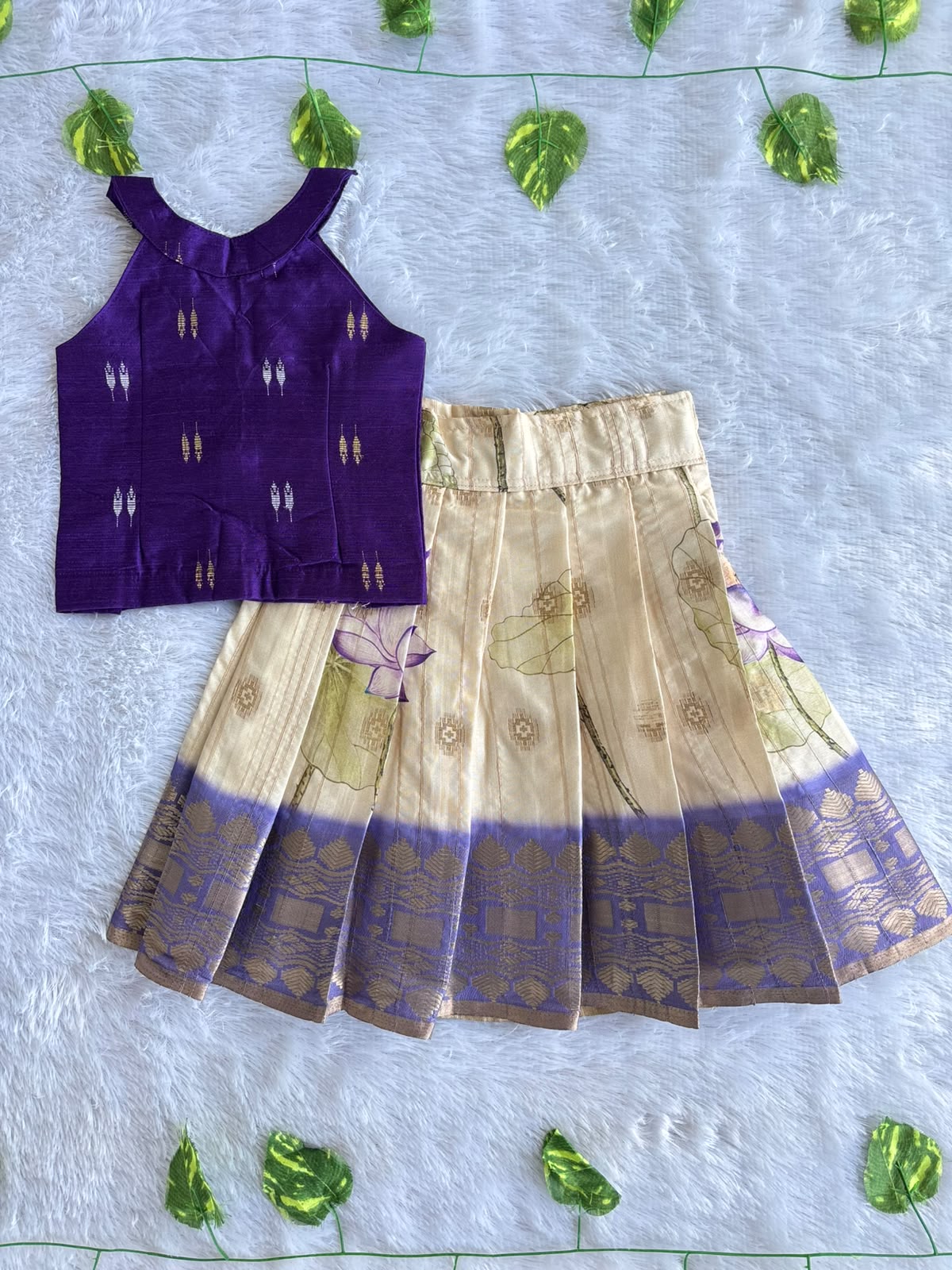 (ETTS046) Royal Purple and Off-White Floral Ethnic Skirt Set