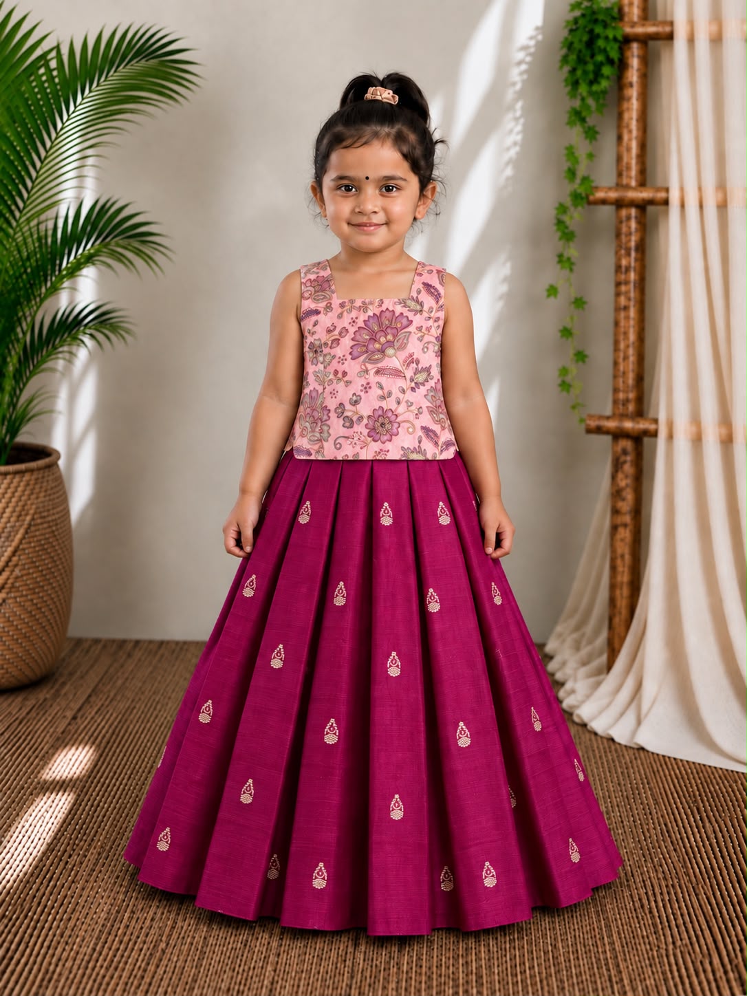 (ETTS047) Elegant Traditional Floral Top with Pleated Silk Skirt Set