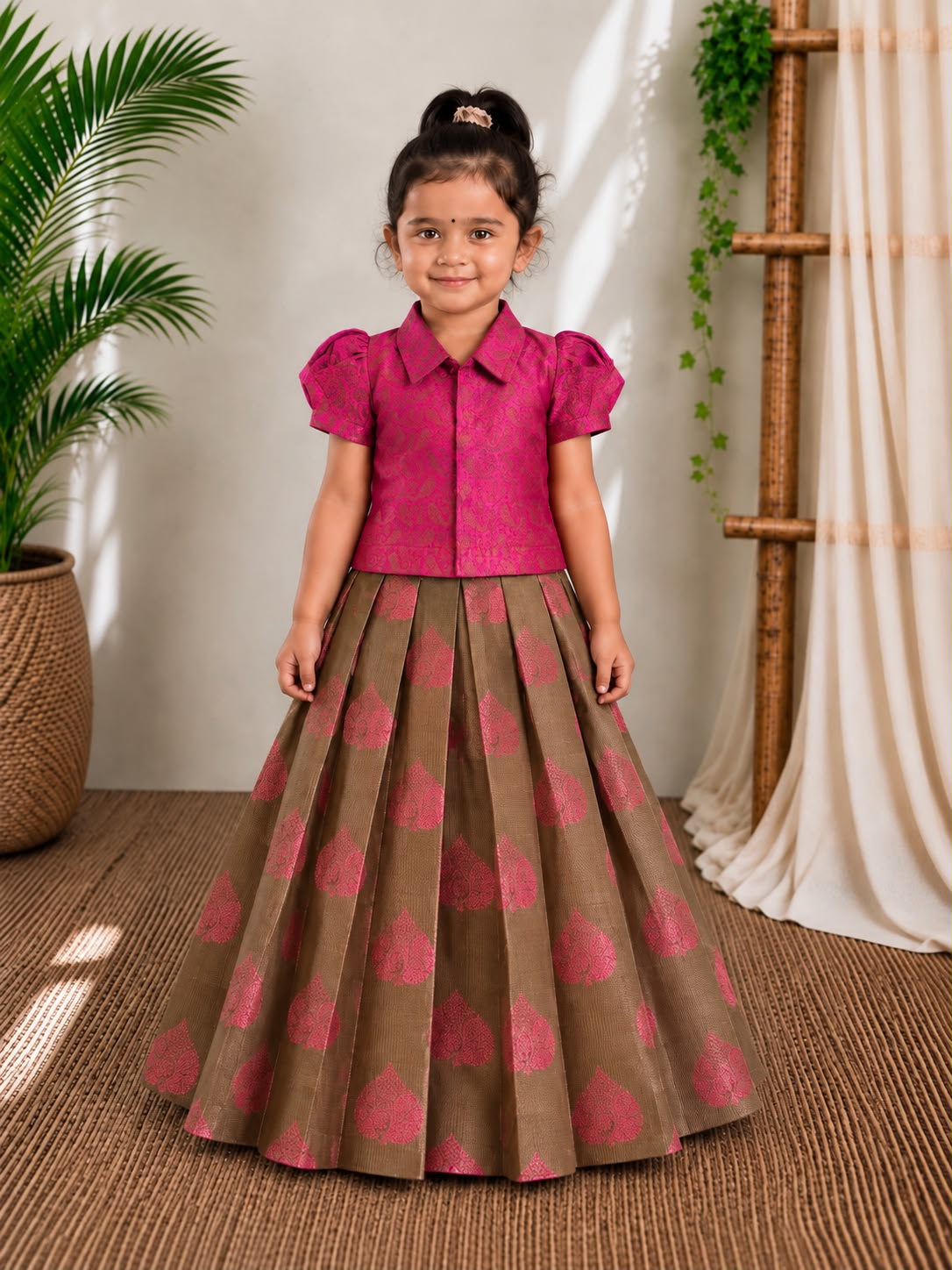 (ETTS048) Chic Magenta and Bronze-Brown Jacquard Collar Shirt Set