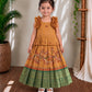 (ETTS049)  Vibrant Mustard and Forest Green Ruffled Kalamkari Skirt Set