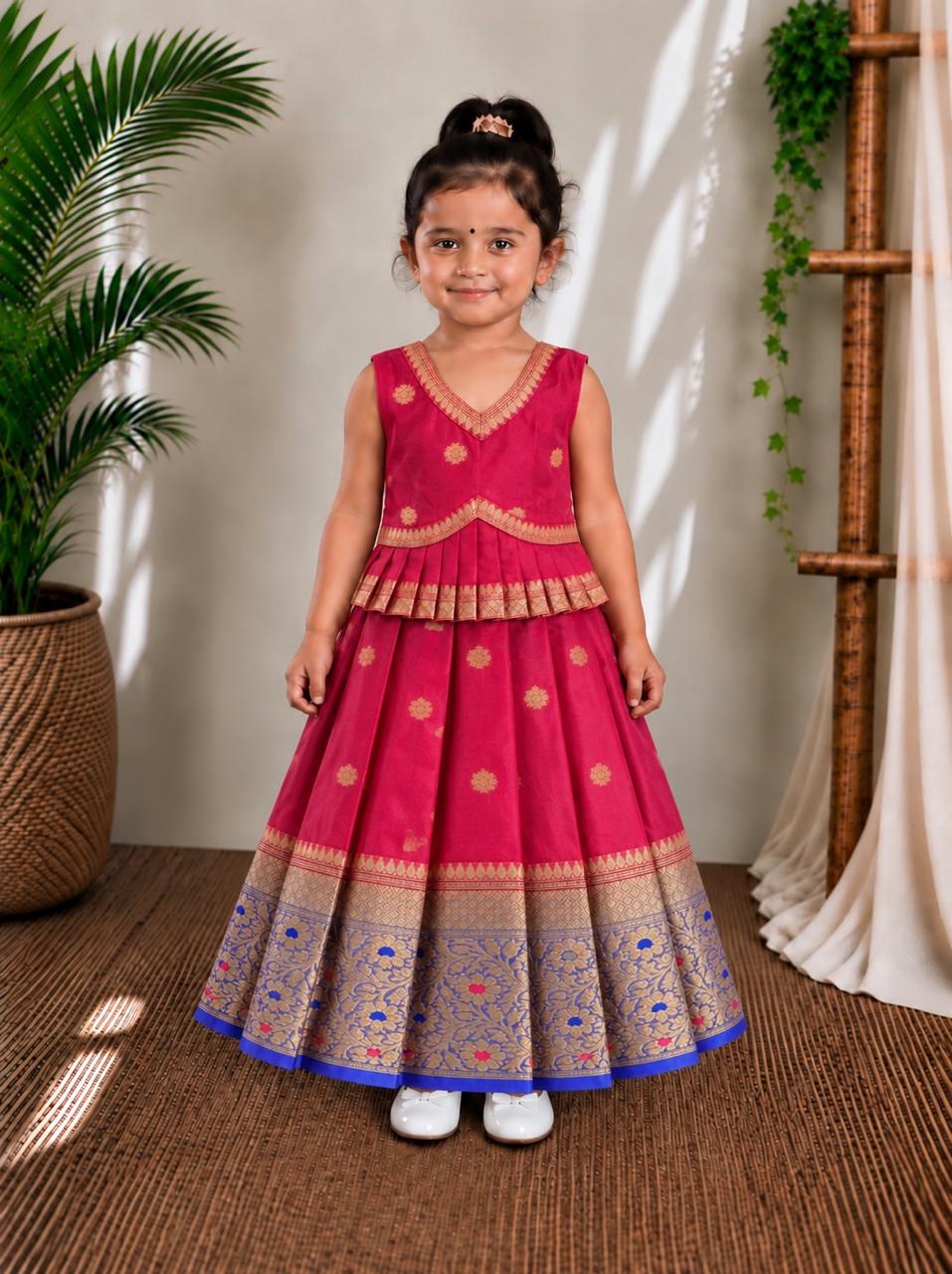 (ETTS051) Royal Magenta and Blue Zari Border Peplum Lehenga Set