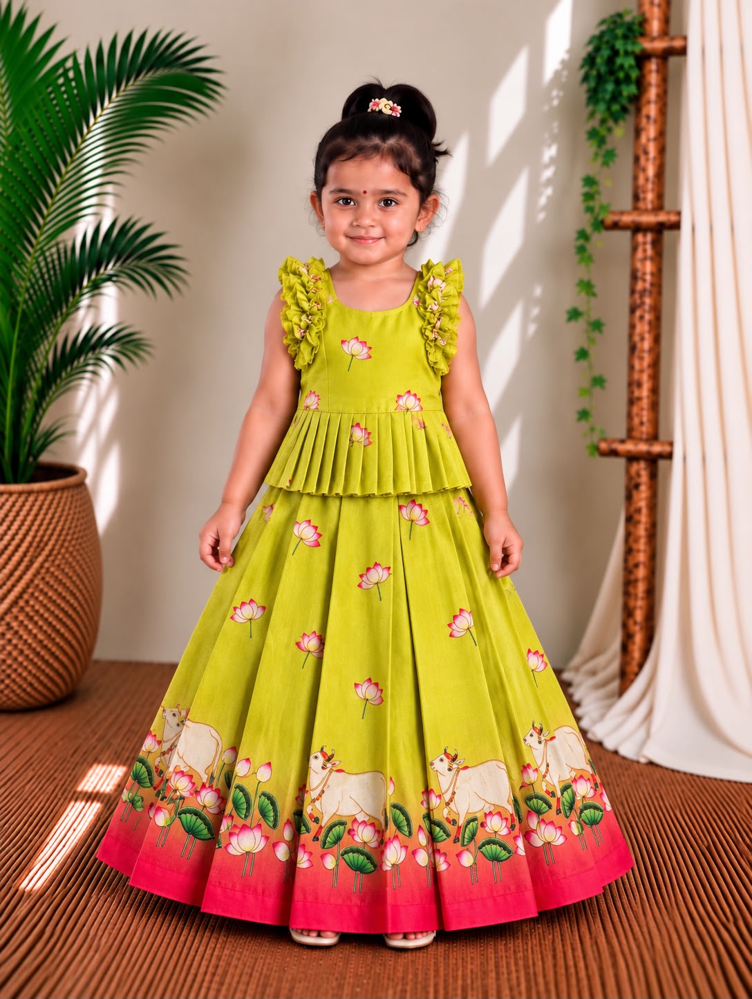 (ETTS054) Graceful Lotus & Cow Motif Ruffled Peplum Ethnic Lehenga Set