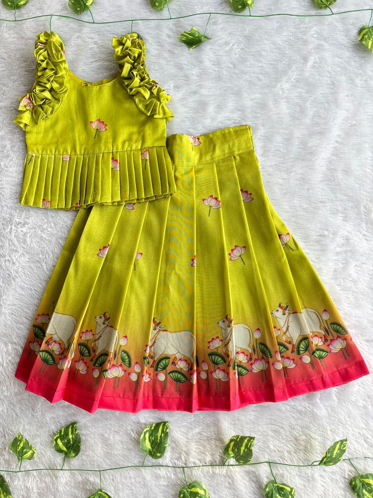 (ETTS054) Graceful Lotus & Cow Motif Ruffled Peplum Ethnic Lehenga Set