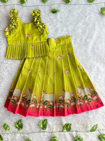(ETTS054) Graceful Lotus & Cow Motif Ruffled Peplum Ethnic Lehenga Set