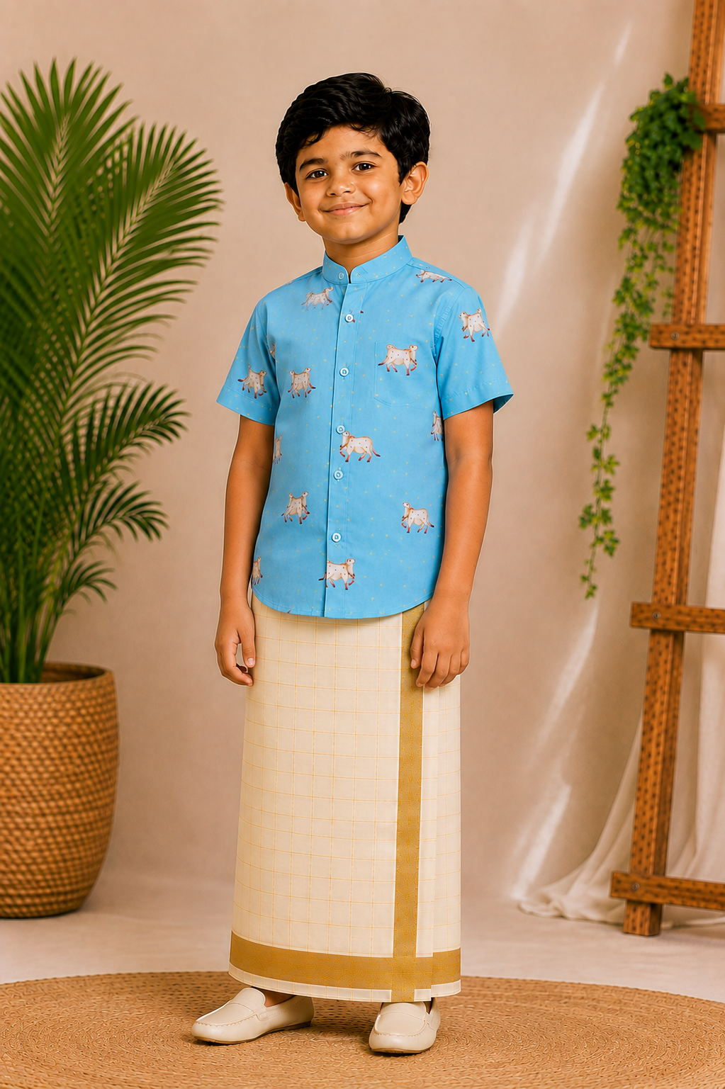 (BE001) Boys Pichwai Print Mandarin Collar Shirt with Veshti Set