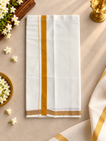 (D003) Classic Half White Velcro Veshti with Gold Border