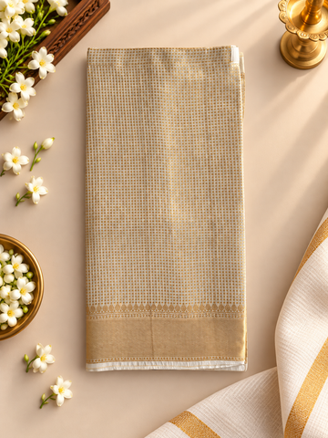 (D001) Traditional Gold-Check Festive Velcro Veshti with Zari Border