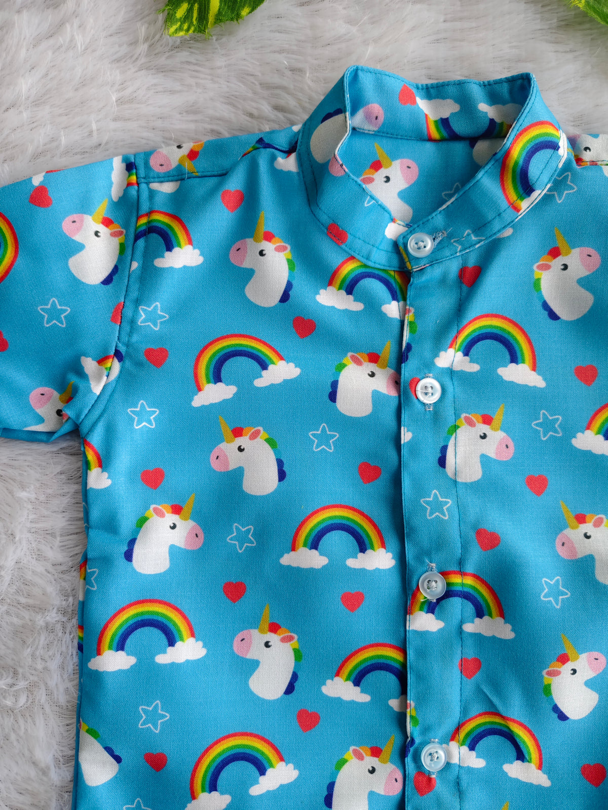 (BC003) Boys Blue Unicorn Rainbow Print Mandarin Collar Cotton Shirt