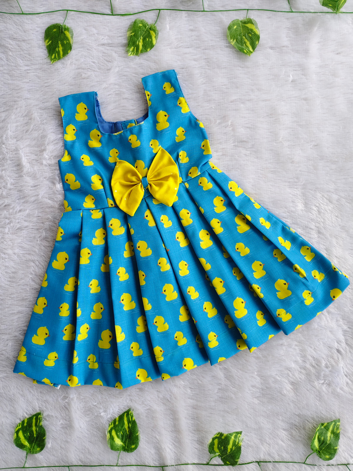 (CF006) Cute Girls Blue Duck Print Long Cotton Dress with Yellow Bow