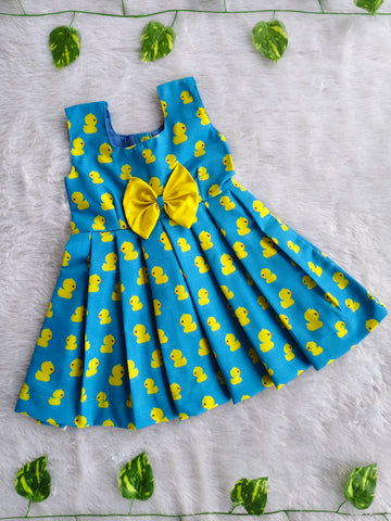 (CF006) Cute Girls Blue Duck Print Long Cotton Dress with Yellow Bow