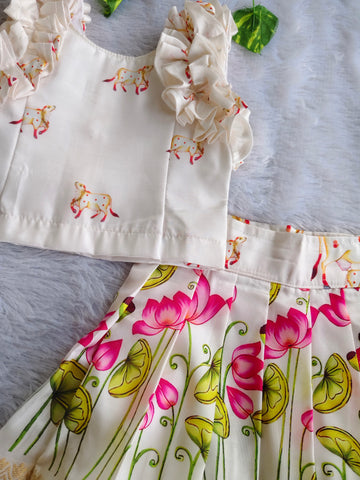 (ETS023)Graceful Lotus Print and Brocade Border Lehenga Set