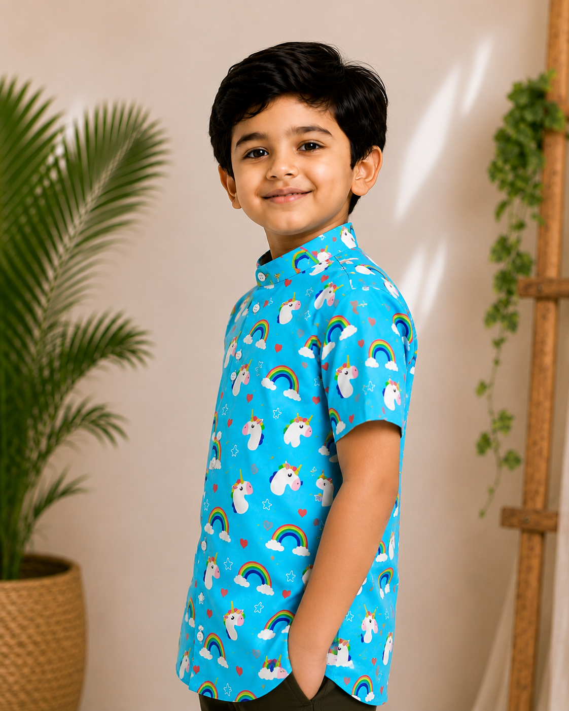 (BC003) Boys Blue Unicorn Rainbow Print Mandarin Collar Cotton Shirt