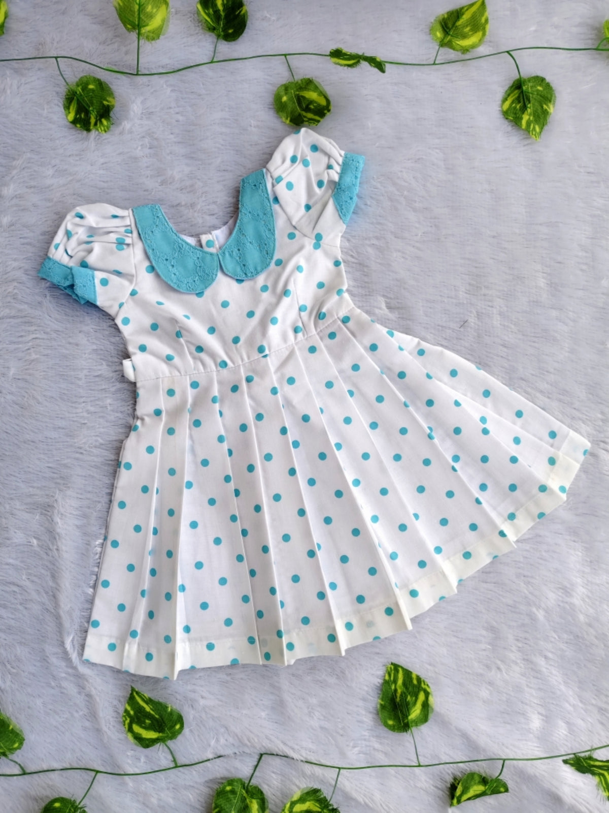 (CF003) Girls White Polka Dot Cotton Flared Dress with Blue Collar