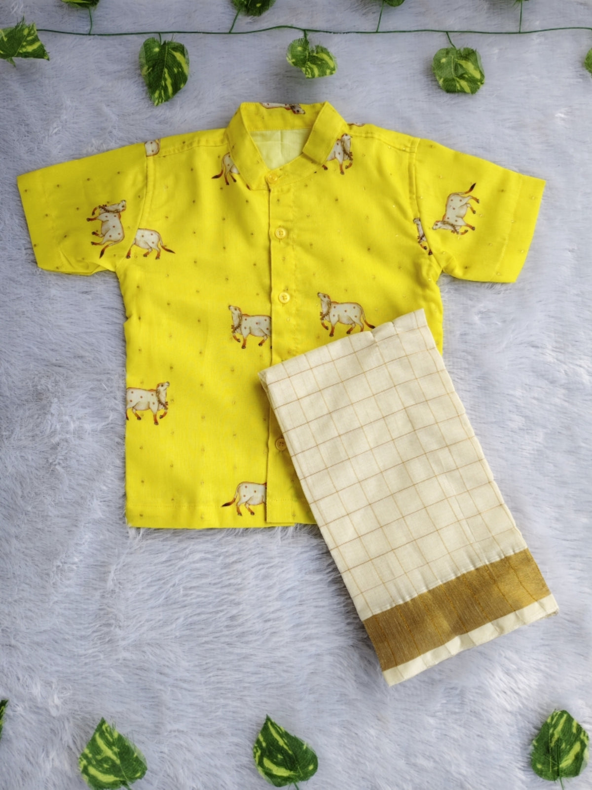 (BE002) Boys Yellow Pichwai Print Shirt with Traditional Dhoti