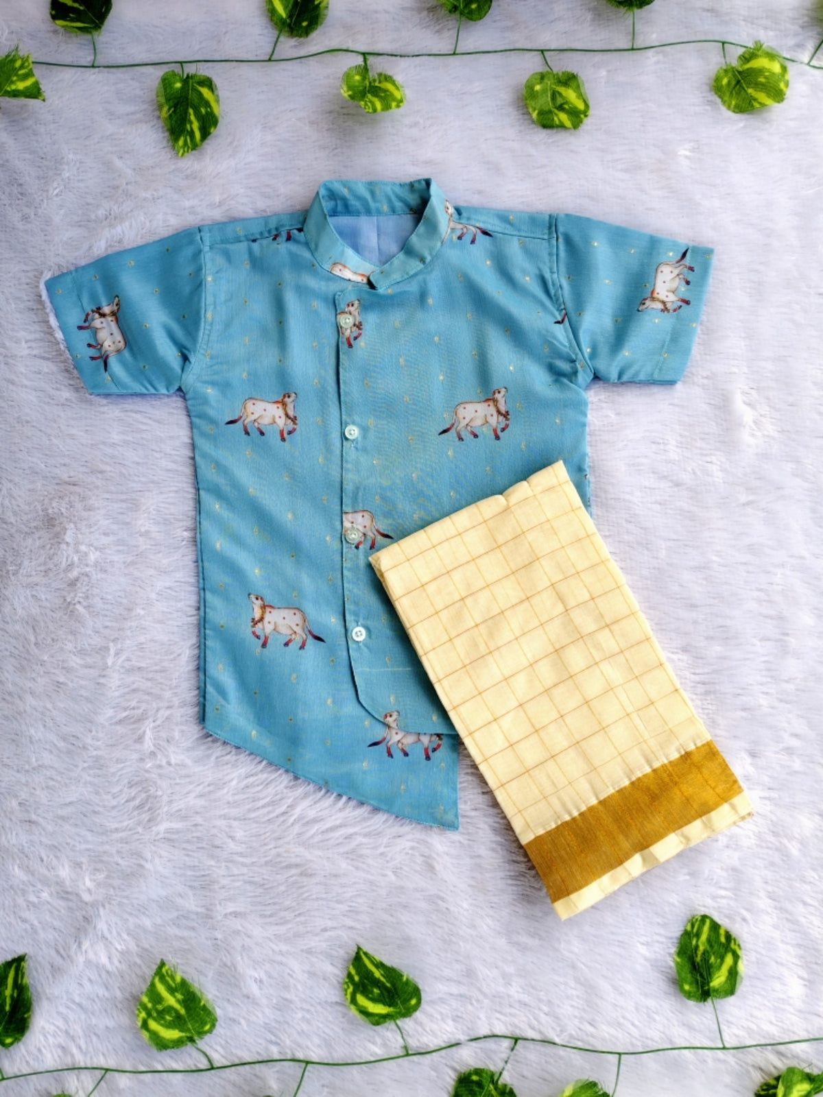 (BE001) Boys Pichwai Print Mandarin Collar Shirt with Veshti Set