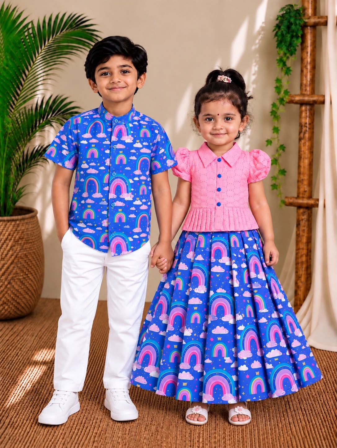 (SCC013) Whimsical Rainbow and Cloud Print Matching Sibling Set