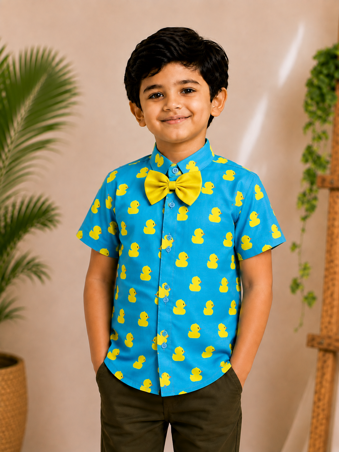 (BC004) Boys Blue Duck Mandarin Collar Cotton Shirt