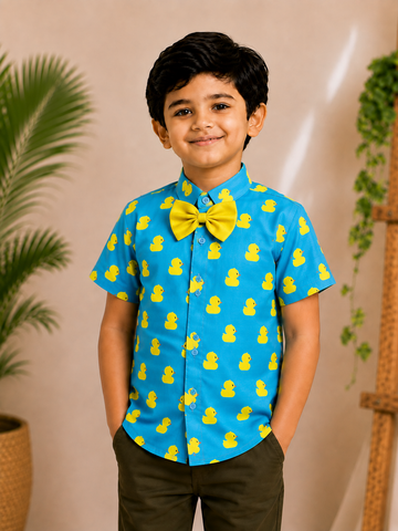 (BC004) Boys Blue Duck Mandarin Collar Cotton Shirt