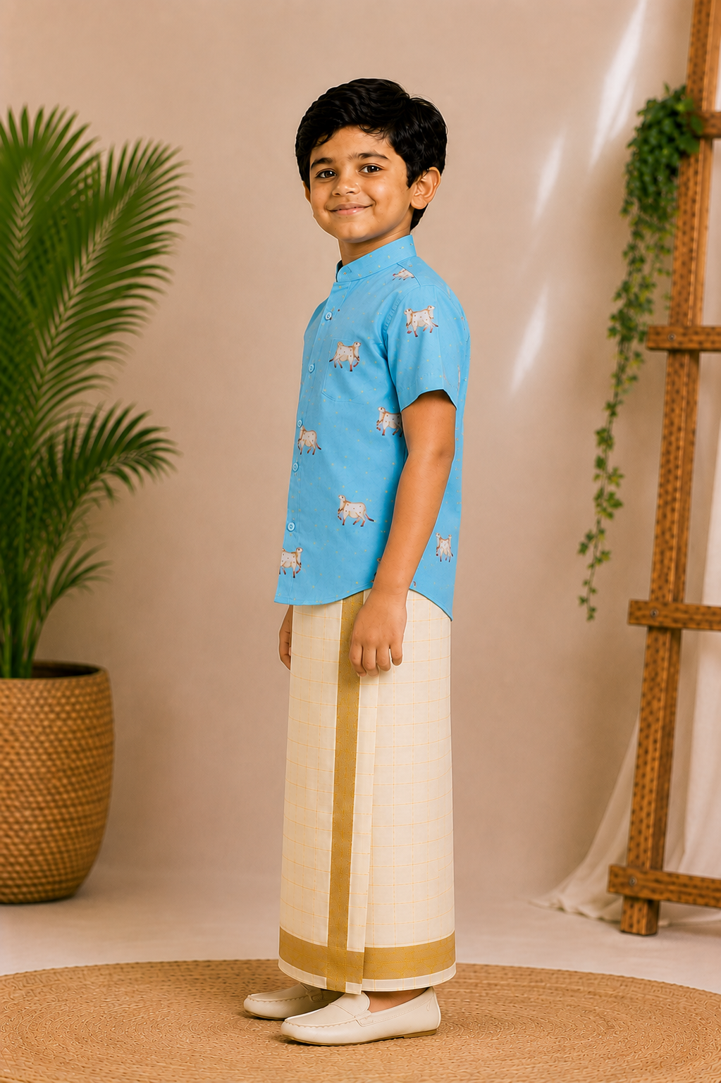 (BE001) Boys Pichwai Print Mandarin Collar Shirt with Veshti Set