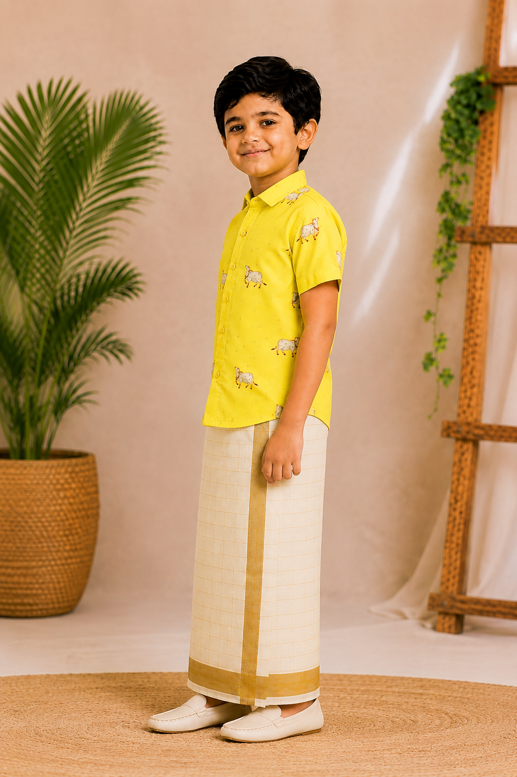 (BE002) Boys Yellow Pichwai Print Shirt with Traditional Dhoti