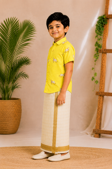 (BE002) Boys Yellow Pichwai Print Shirt with Traditional Dhoti