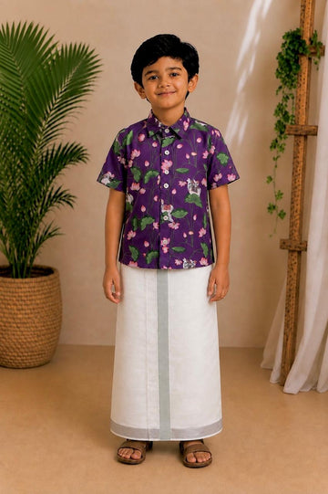 (BC012) Purple Cotton Pichwai Lotus Print Ethnic Set