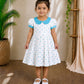 (CF003) Girls White Polka Dot Cotton Flared Dress with Blue Collar