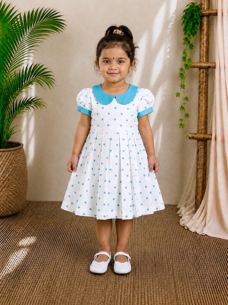 (CF003) Girls White Polka Dot Cotton Flared Dress with Blue Collar
