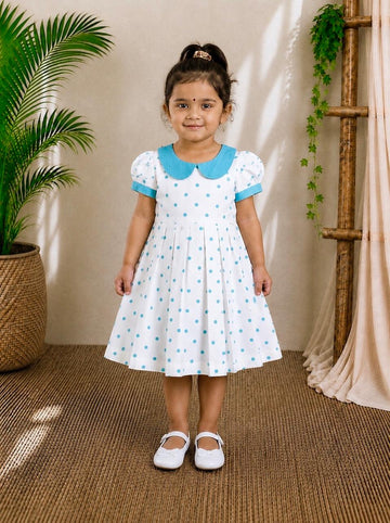 (CF003) Girls White Polka Dot Cotton Flared Dress with Blue Collar