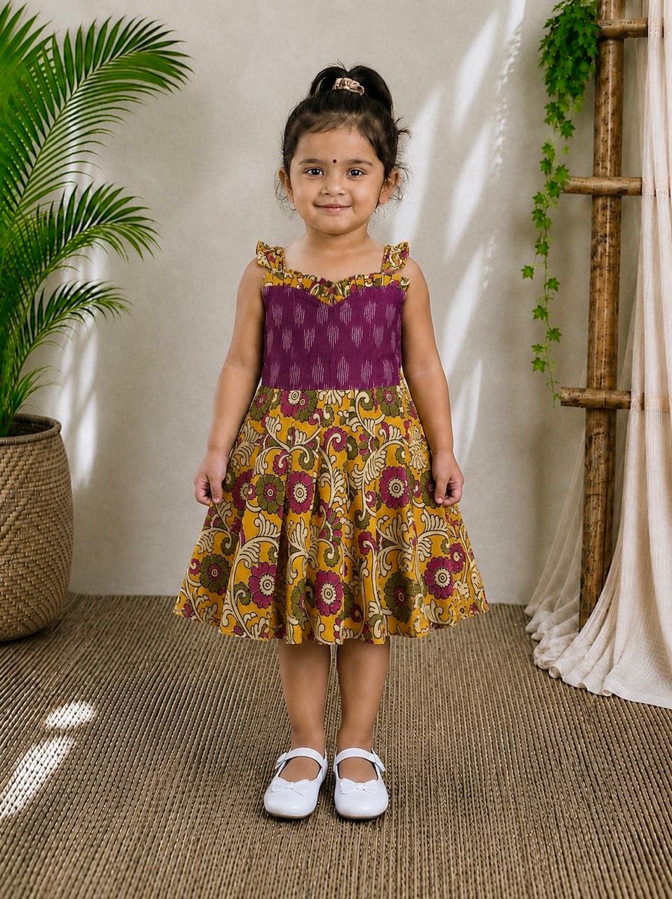 (CF002) Girls Floral Print Cotton Dress – Mustard & Maroon