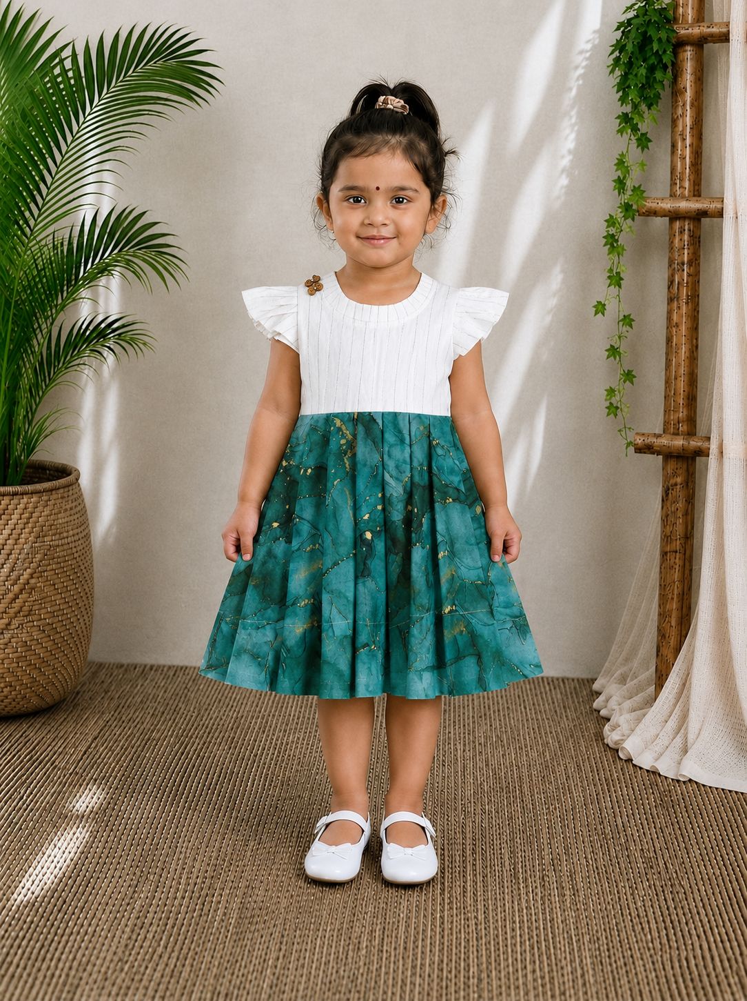 (CF001) Kids White & Green Marble Print Cotton Dress