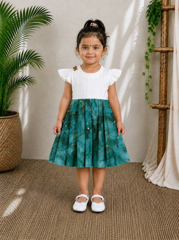 (CF001) Kids White & Green Marble Print Cotton Dress