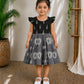(CF005) Girls Black Grey Printed Cotton Flared Dress