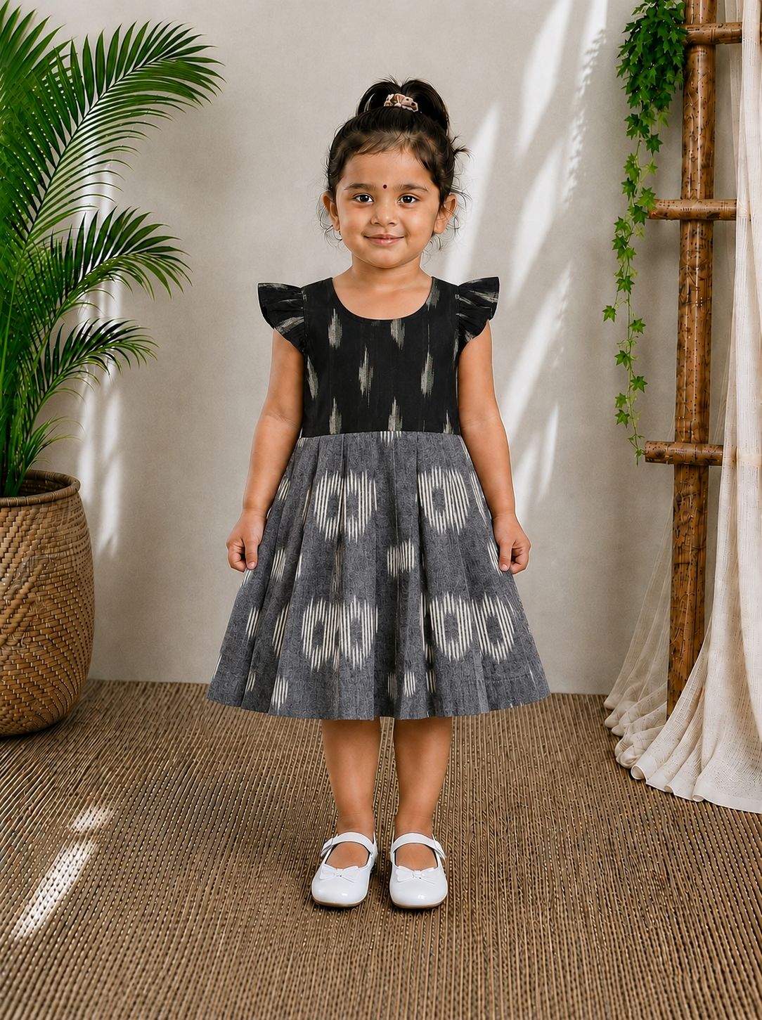 (CF005) Girls Black Grey Printed Cotton Flared Dress