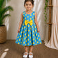 (CF006) Cute Girls Blue Duck Print Long Cotton Dress with Yellow Bow