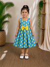 (CF006) Cute Girls Blue Duck Print Long Cotton Dress with Yellow Bow