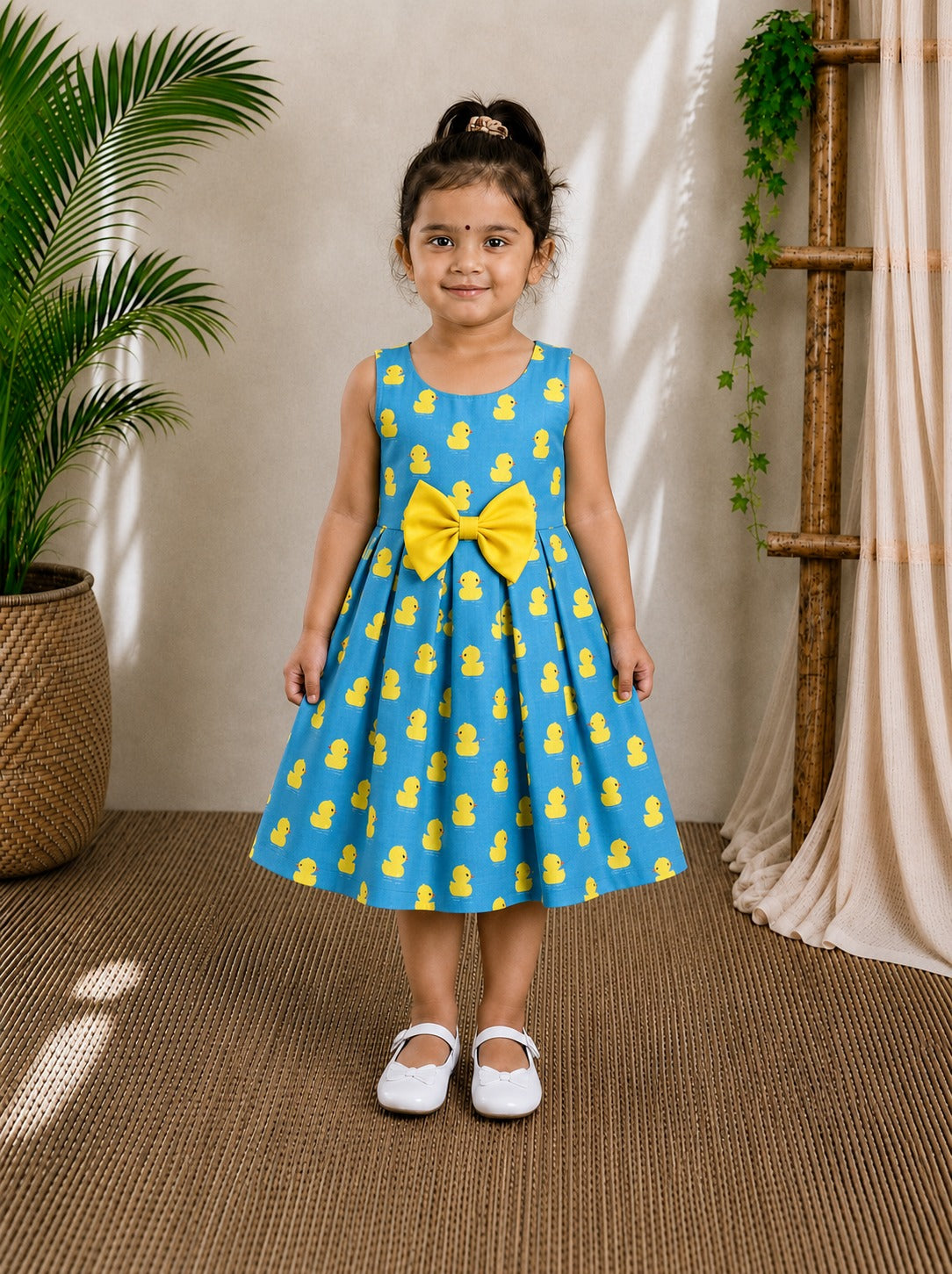 (CF006) Cute Girls Blue Duck Print Long Cotton Dress with Yellow Bow