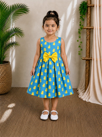 (CF006) Cute Girls Blue Duck Print Long Cotton Dress with Yellow Bow