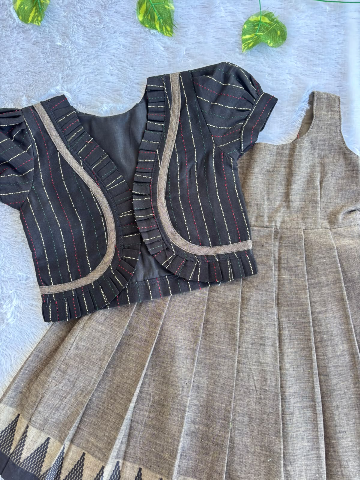 (CFC005) Subtle Beige & Black Temple Border Girls' Dress with Puff-Sleeve Jacket