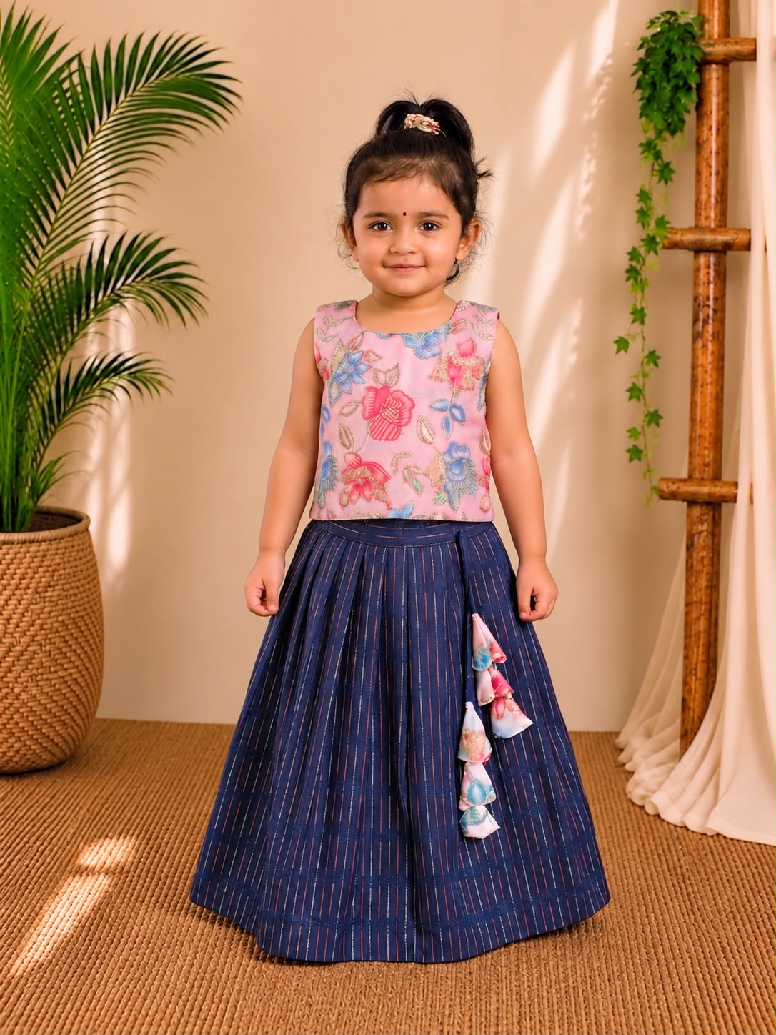 (ETTS003) Girls Ethnic Raw Silk Top & Skirt Set