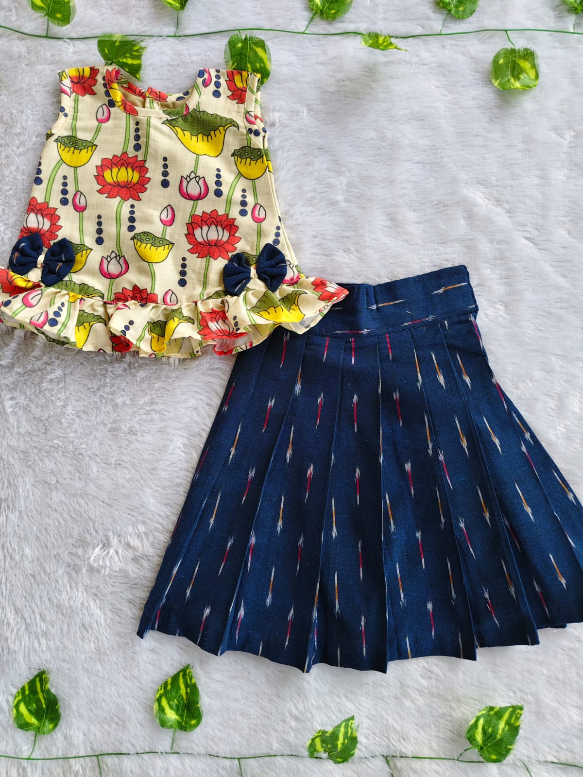 (CTS027)Pichwai Printed Bow-Accent Peplum Top with Ikat Pleated Skirt Co-ord Set