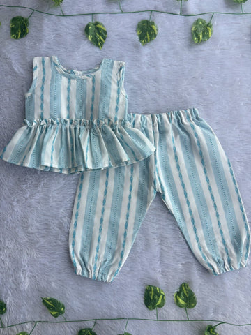 (CTP019) Light Blue and White Striped Peplum Top with Cuffed Pants Co-ord Set