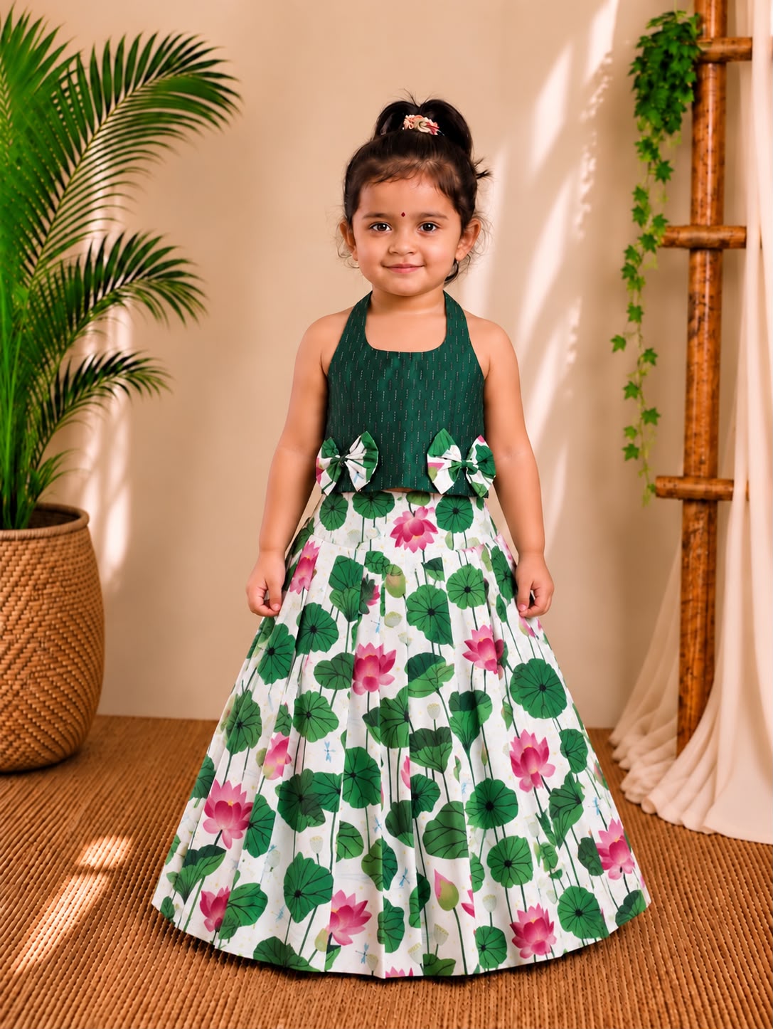 (CTS007) Green Pichwai Print Top and Skirt